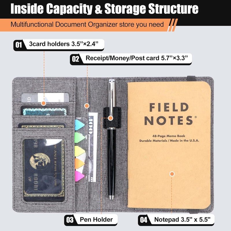 Plinyvel Notebook Cover for Field Notes 3.5"x5.5" - Waterproof Organizer with Pen Loop Holder and Card Slots, Travel Journal Accessories, Fits 3.5x5.5 Inch Pocket Notebooks (Gray) - Image 4